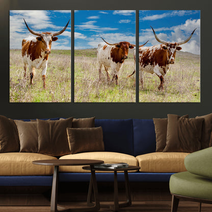Three Texas longhorn cattle standing in dry grass under a bright blue sky, ideal for farmhouse or western rustic home decor.