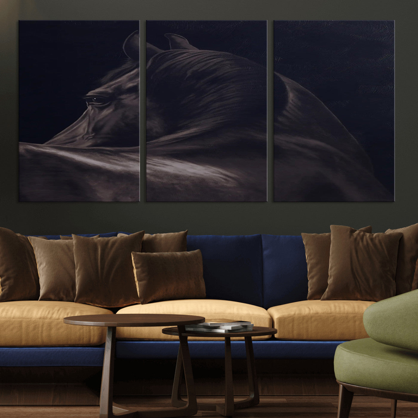 Close-up of a black horse with dramatic lighting on a dark background, perfect for rustic or masculine home decor.