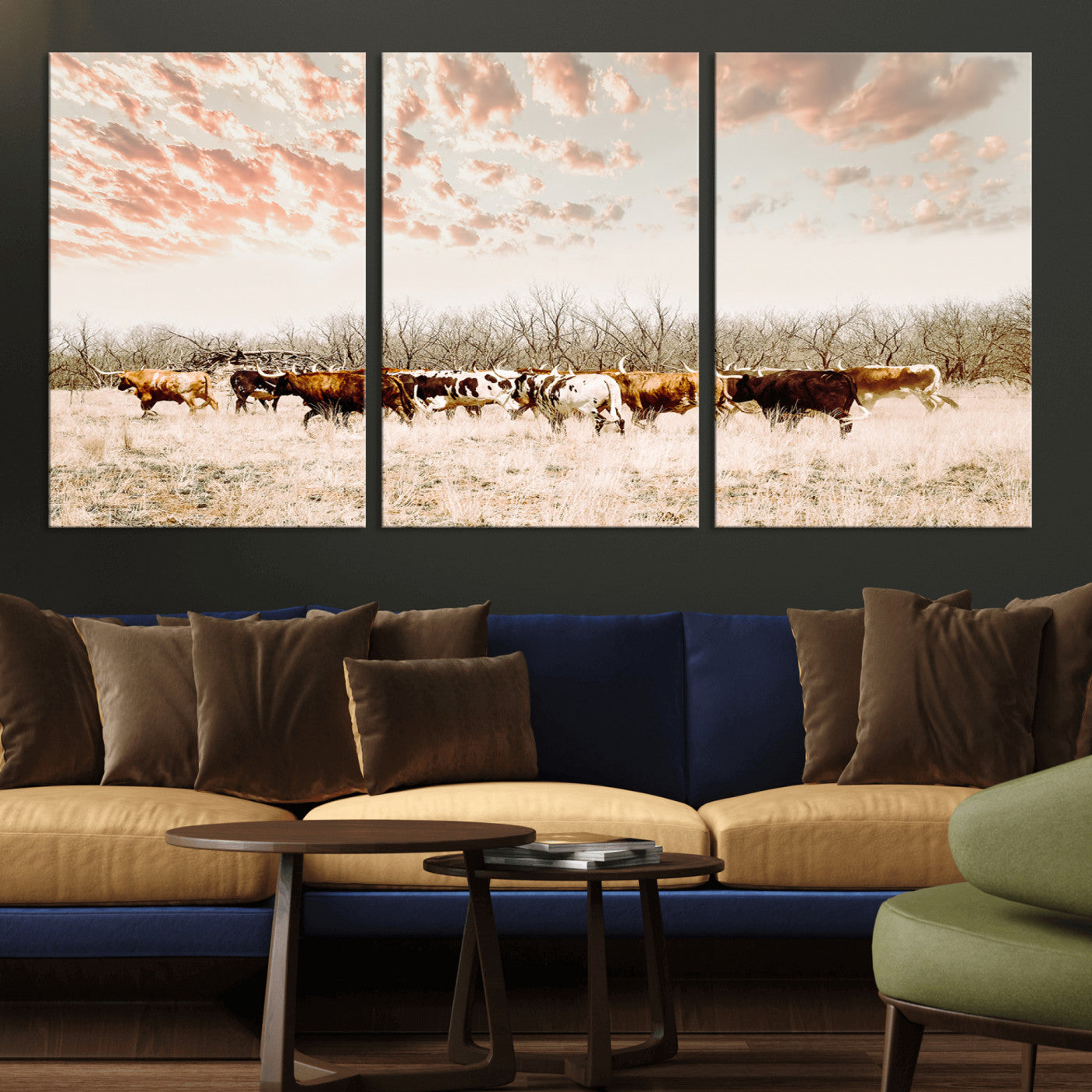 Cattle herd in a soft-toned field under a pastel pink sky, creating a peaceful rustic feel, perfect for farmhouse or western-themed spaces.