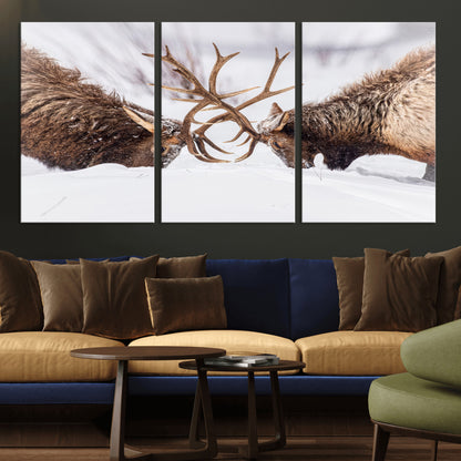 Two elk clashing antlers in a snowy forest, capturing raw power and wild energy, ideal for rustic cabin or lodge-style decor.