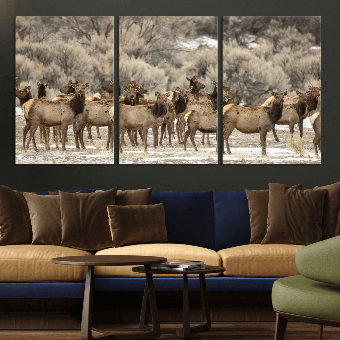 A large herd of elk standing in an open field with soft earthy tones, ideal for rustic lodge or western-themed home wall decor.