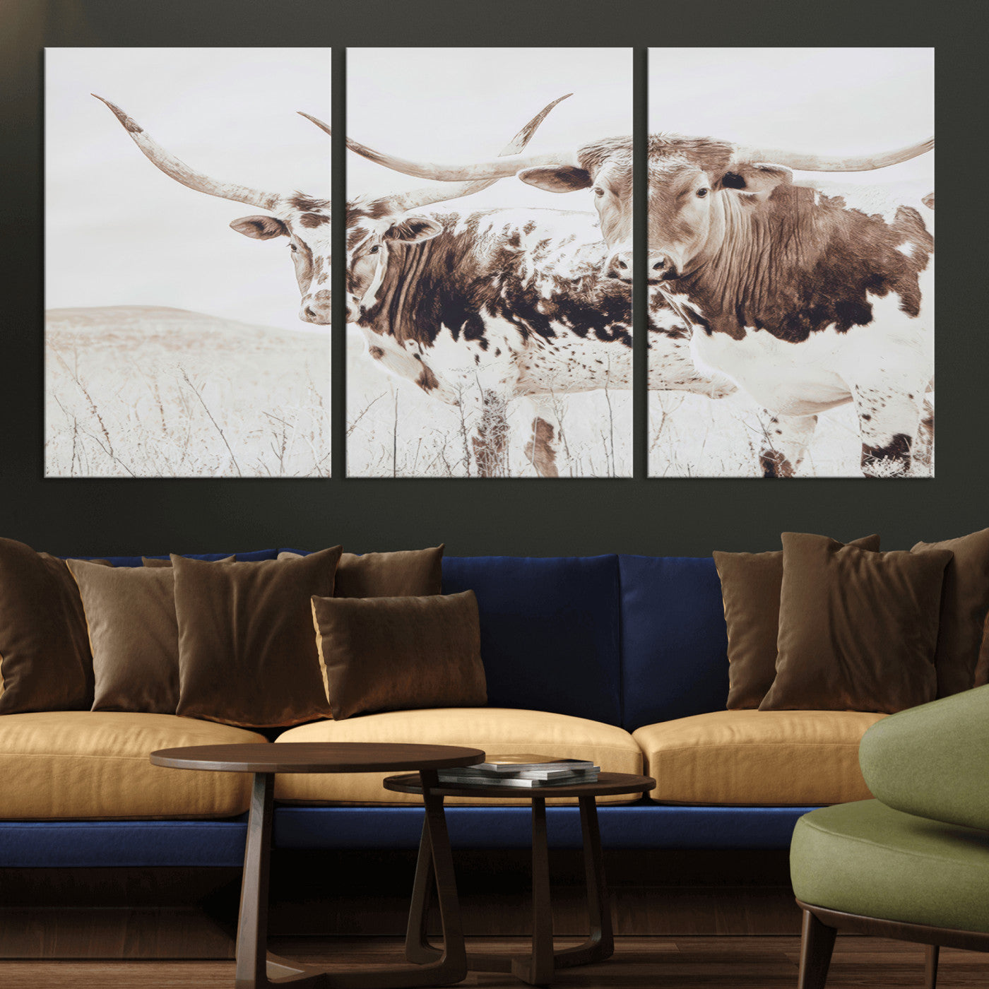 Two longhorn cows standing in a sepia-toned pasture with soft light, ideal for rustic or farmhouse-themed neutral wall decor.