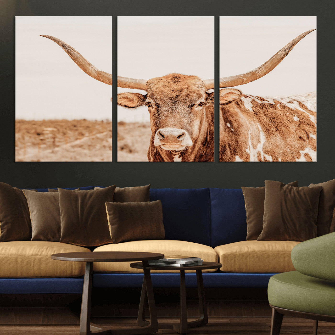 A longhorn bull standing proudly in a sunlit desert field with warm neutral tones, ideal for rustic western or farmhouse interiors.