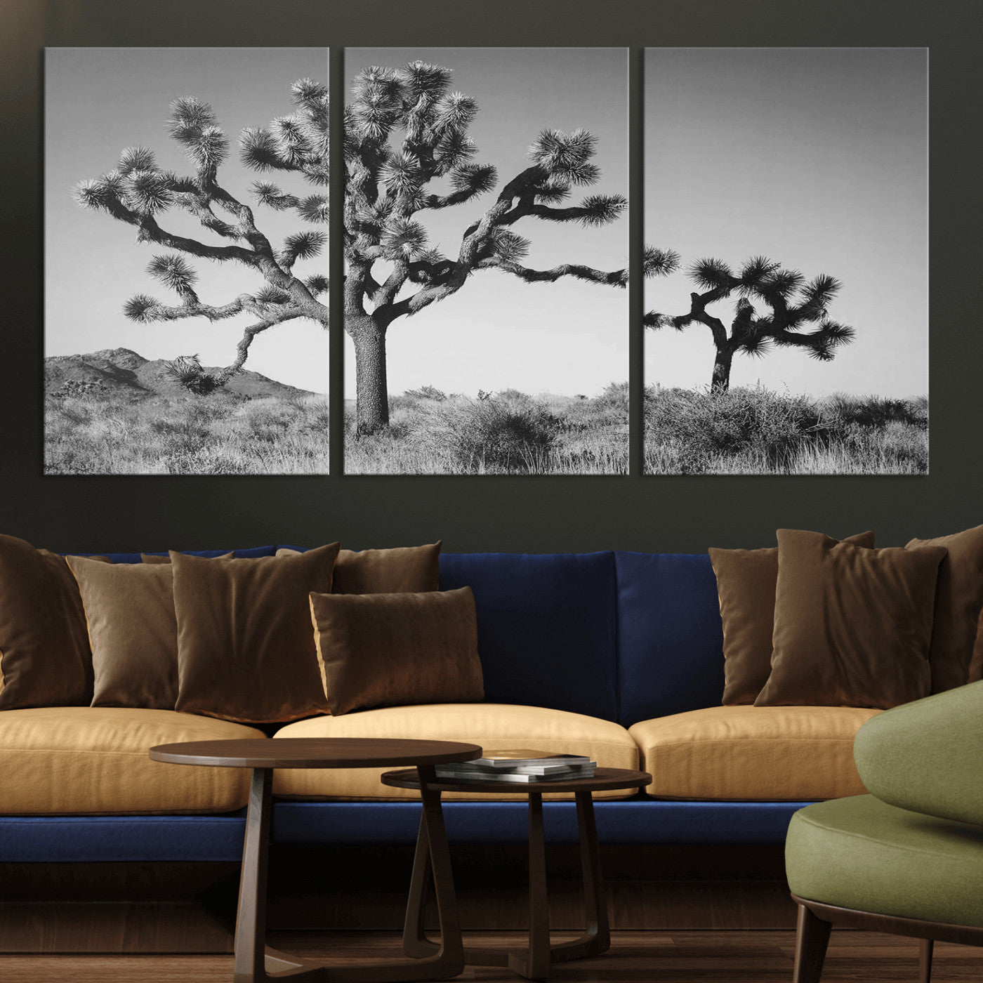 Black and white Joshua trees in a rugged desert landscape, creating a calm and minimalist feel for natural or rustic-themed interiors.
