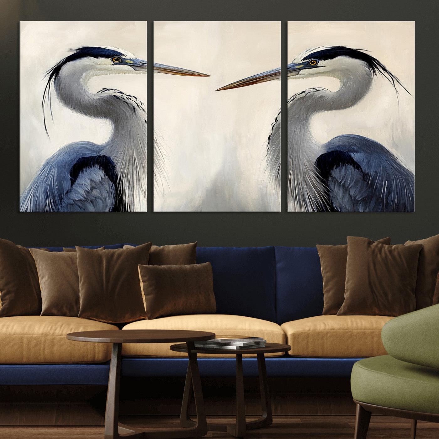 Two blue herons facing each other on a soft neutral background, ideal for coastal, tranquil, or nature-inspired minimalist interiors.