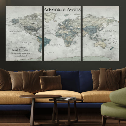 Customize Push Pin World Map Wall Canvas Print – Personalized Travel Tracker with Pins – Framed Custom Quotie Canvas for Home Office Decor