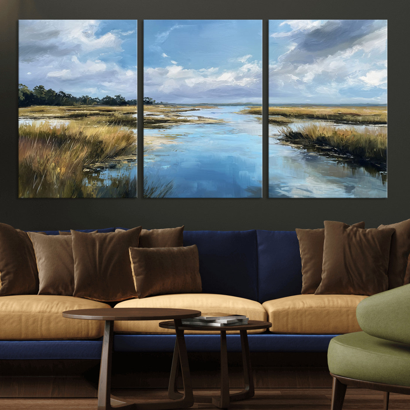 A beautiful, painterly landscape of a calm river winding through a marsh, with vibrant green grasses and a bright blue sky filled with fluffy clouds.