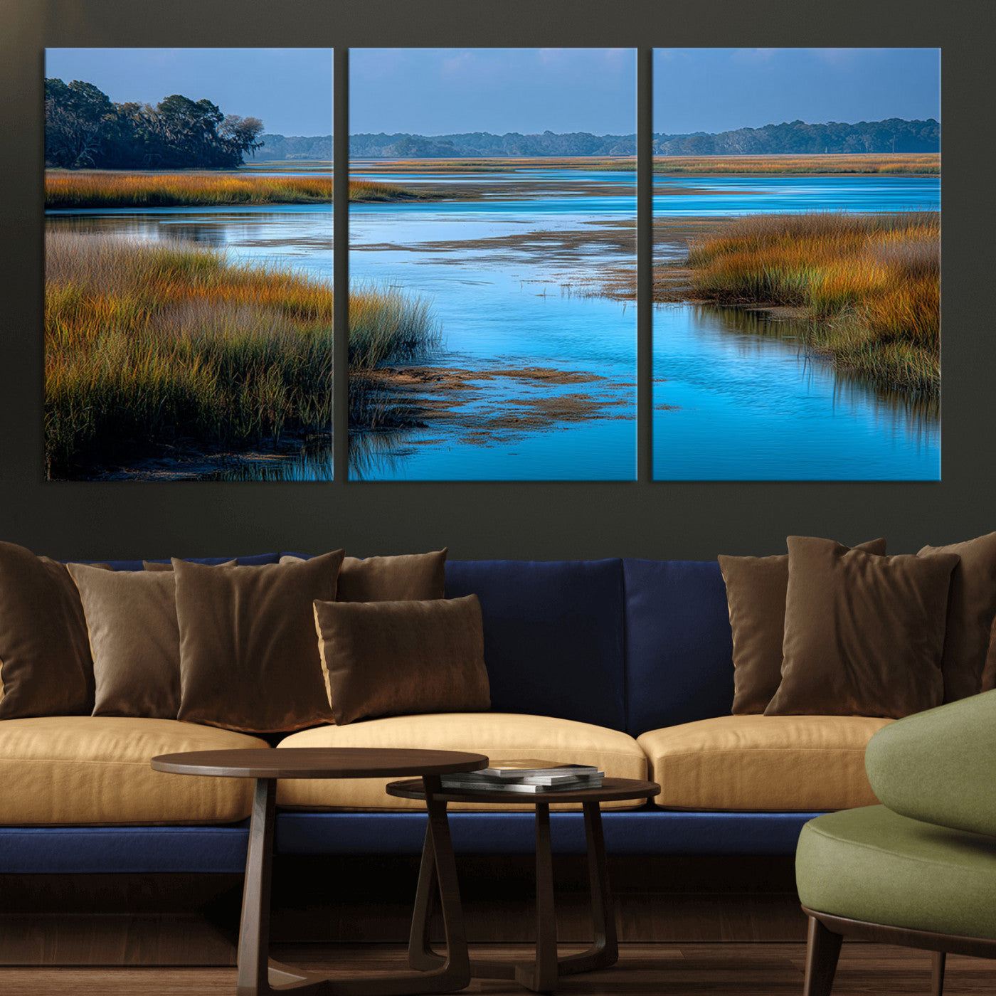 A peaceful marshland scene with calm blue water reflecting the surrounding grasses and trees, capturing the beauty of nature in a serene landscape.