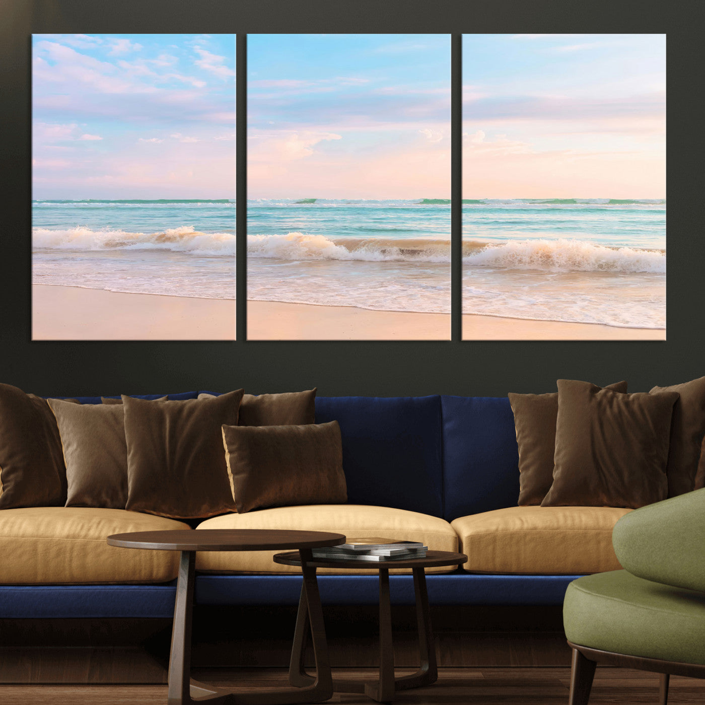 A peaceful beach scene with soft pastel skies, gentle waves washing up on the sandy shore, creating a calm and serene ocean view.