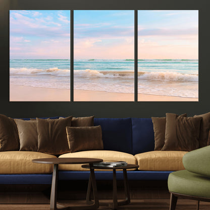 A peaceful beach scene with soft pastel skies, gentle waves washing up on the sandy shore, creating a calm and serene ocean view.