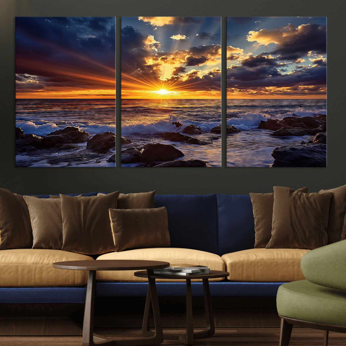 An explosive sunset over the ocean with dramatic clouds and rays of sunlight reflecting off the water, creating a vibrant and captivating view.