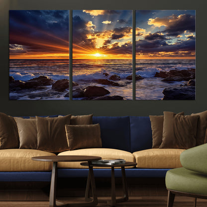 An explosive sunset over the ocean with dramatic clouds and rays of sunlight reflecting off the water, creating a vibrant and captivating view.