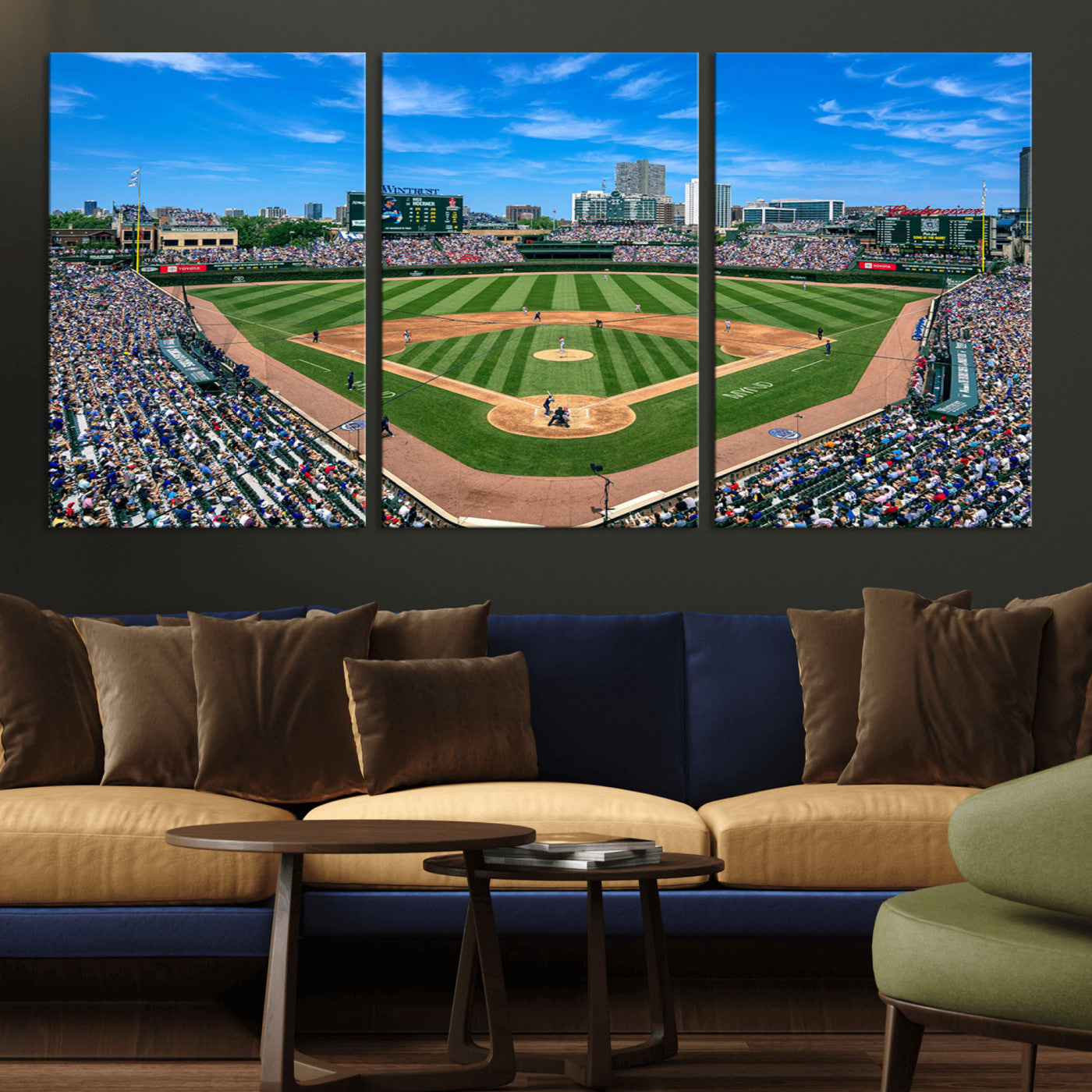 Wrigley Field Baseball Stadium Canvas Wall Art, Packed Crowd Sports Stadium Print, City Skyline Baseball Field Canvas for Game Room Decor