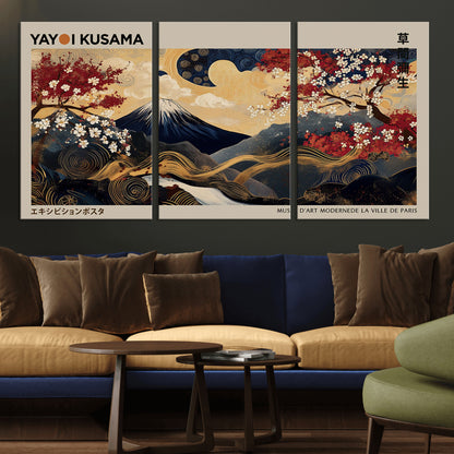 Yayoi Kusama's artwork featuring Mount Fuji, blooming cherry trees, and intricate swirls, blending traditional Japanese elements with vibrant color.