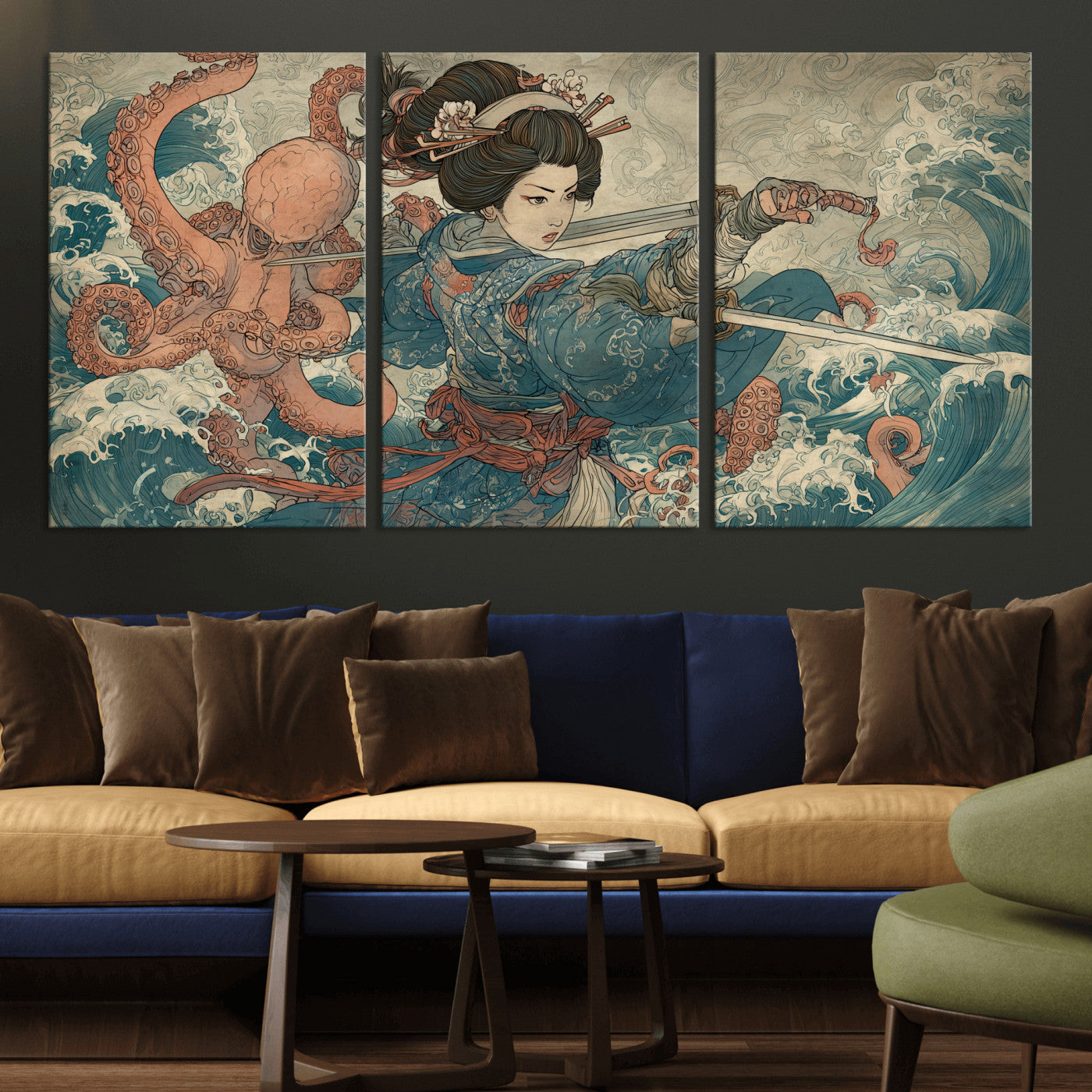 Tsukioka Yoshitoshi Samurai Wall Art Print, Japanese Katana Warrior Canvas Wall Art, Octopus Sea Monster Canvas Print,