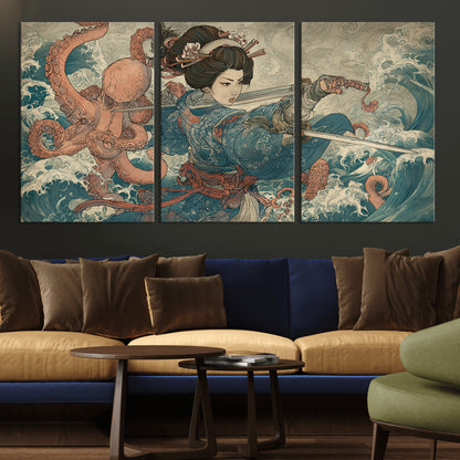 Tsukioka Yoshitoshi Samurai Wall Art Print, Japanese Katana Warrior Canvas Wall Art, Octopus Sea Monster Canvas Print,