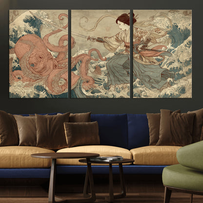 Tsukioka Yoshitoshi Samurai Wall Art Print, Japanese Katana Warrior Canvas Wall Art, Octopus Sea Monster Canvas Print,