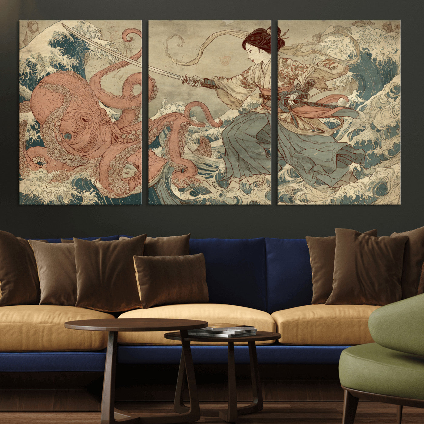 Tsukioka Yoshitoshi Samurai Wall Art Print, Japanese Katana Warrior Canvas Wall Art, Octopus Sea Monster Canvas Print,