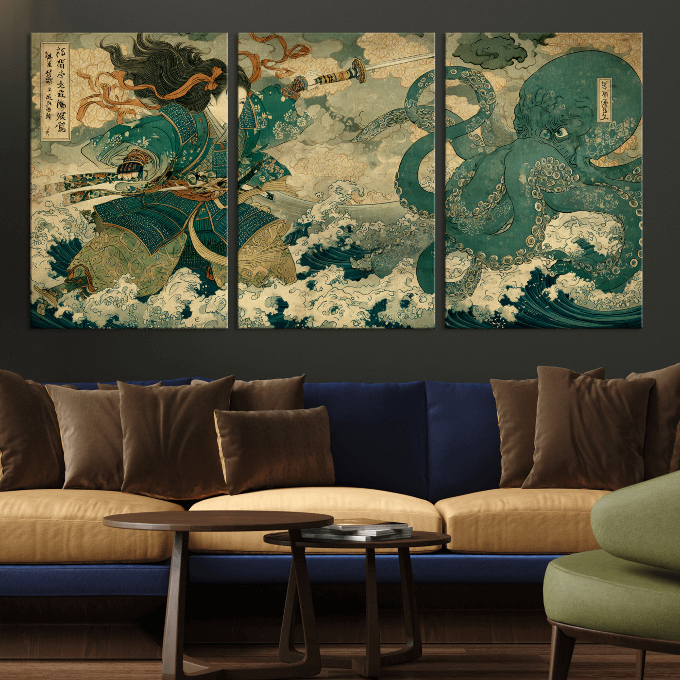 Tsukioka Yoshitoshi Samurai Wall Art Print, Japanese Katana Warrior Canvas Wall Art, Octopus Sea Monster Canvas Print,