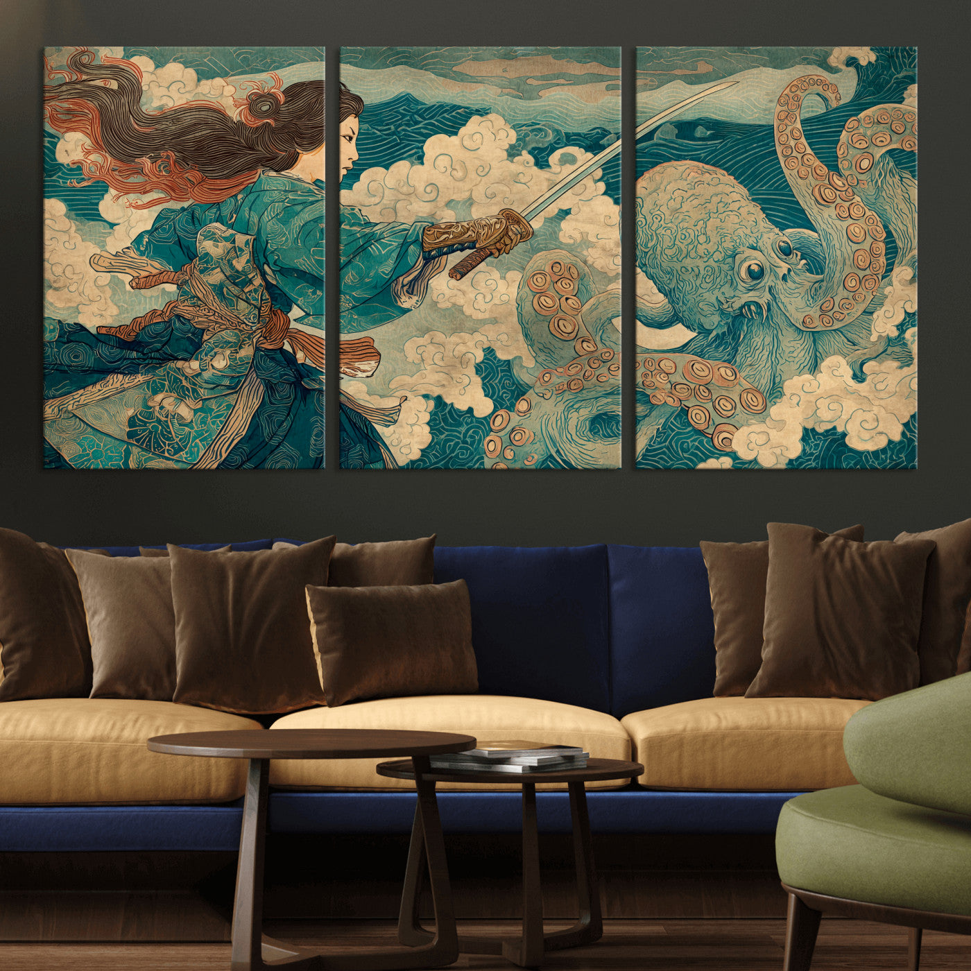 Tsukioka Yoshitoshi Samurai Wall Art Print, Japanese Katana Warrior Canvas Wall Art, Octopus Sea Monster Canvas Print,