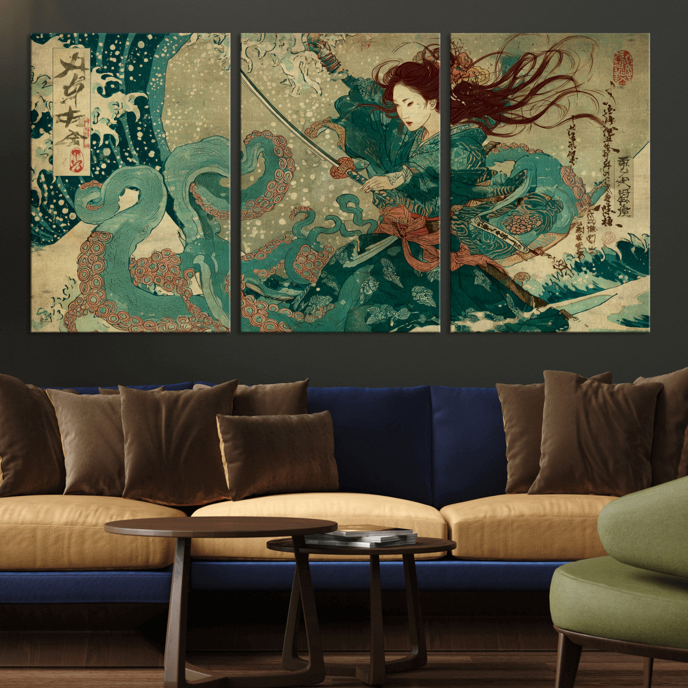 Tsukioka Yoshitoshi Samurai Wall Art Print, Japanese Katana Warrior Canvas Wall Art, Octopus Sea Monster Canvas Print,