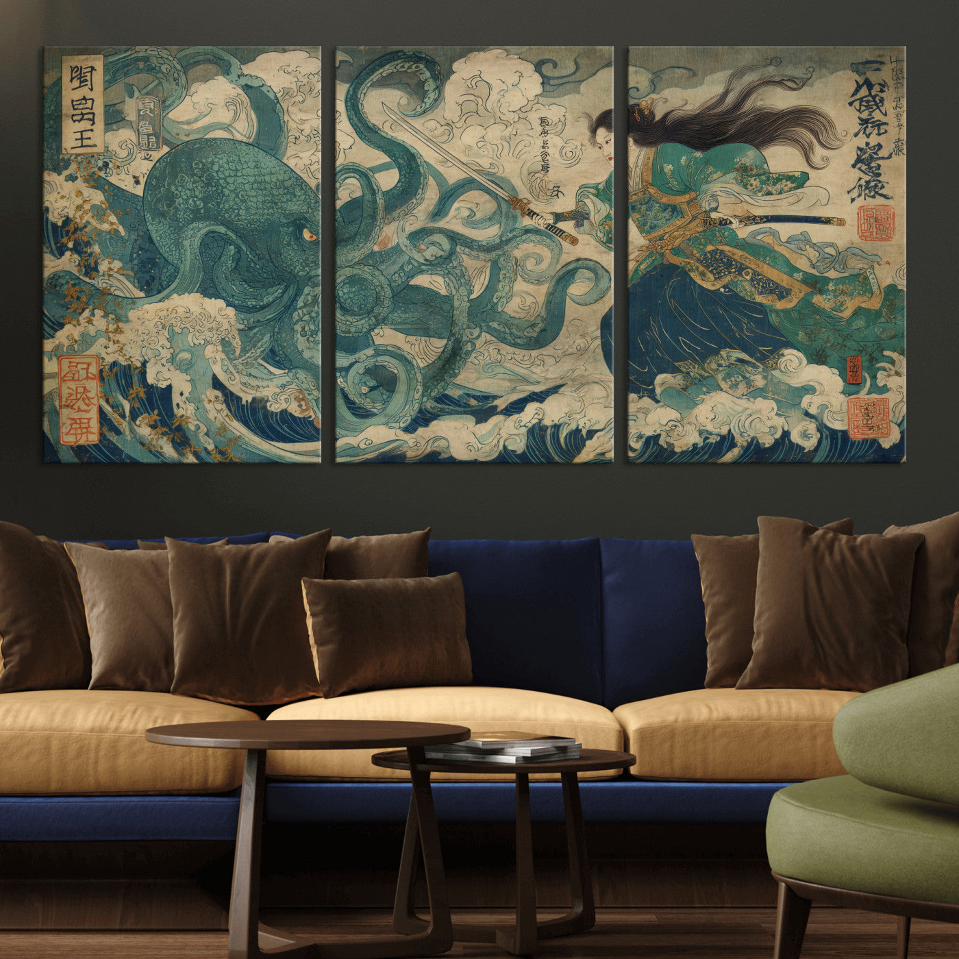 Tsukioka Yoshitoshi Samurai Wall Art Print, Japanese Katana Warrior Canvas Wall Art, Octopus Sea Monster Canvas Print,