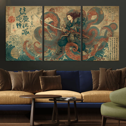 Tsukioka Yoshitoshi Samurai Wall Art Print, Japanese Katana Warrior Canvas Wall Art, Octopus Sea Monster Canvas Print,