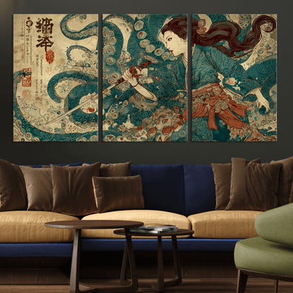 Tsukioka Yoshitoshi Samurai Wall Art Print, Japanese Katana Warrior Canvas Wall Art, Octopus Sea Monster Canvas Print,