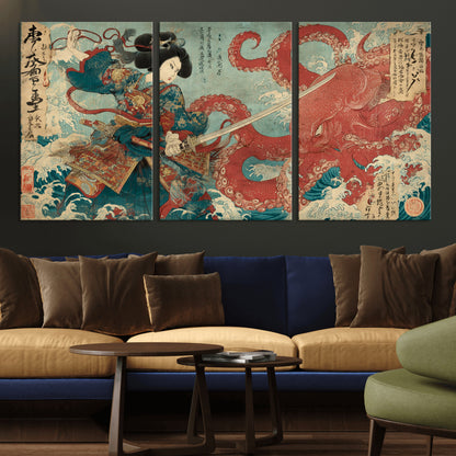 Tsukioka Yoshitoshi Samurai Wall Art Print, Japanese Katana Warrior Canvas Wall Art, Octopus Sea Monster Canvas Print,