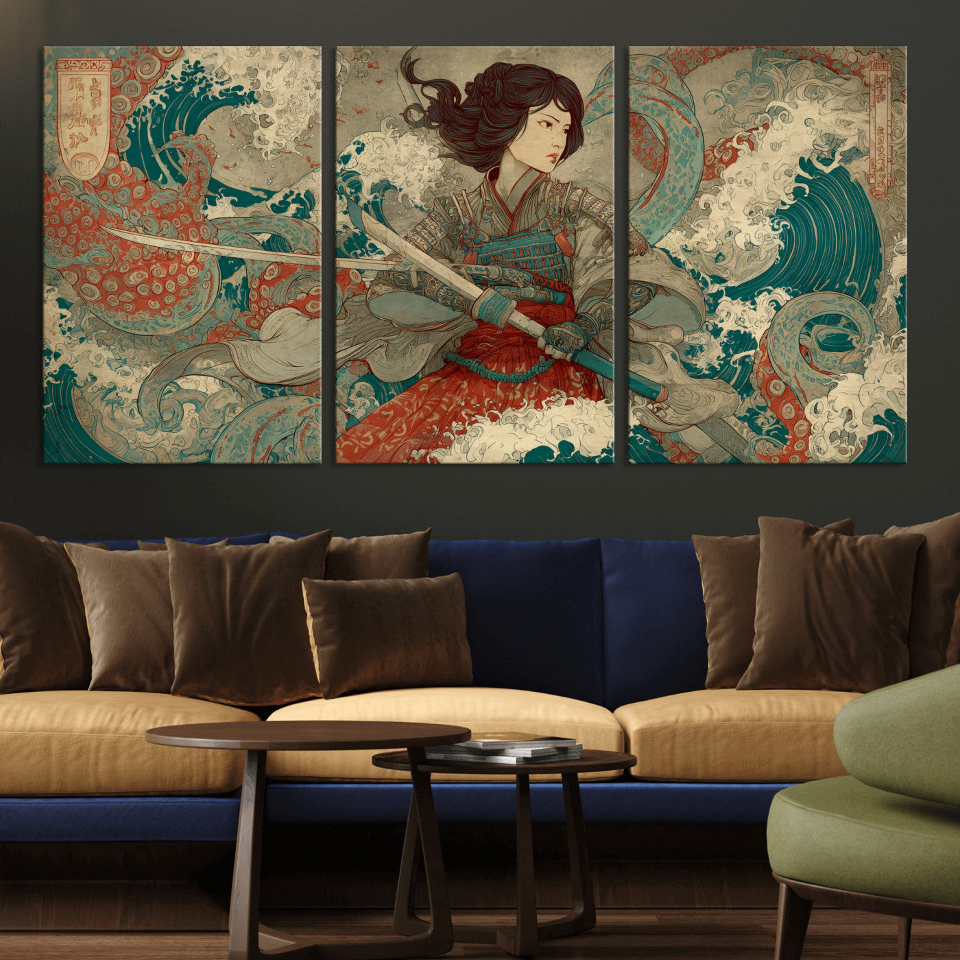 Tsukioka Yoshitoshi Samurai Wall Art Print, Japanese Katana Warrior Canvas Wall Art, Octopus Sea Monster Canvas Print,