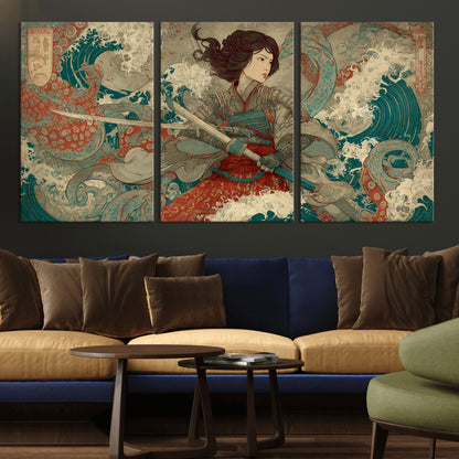 Tsukioka Yoshitoshi Samurai Wall Art Print, Japanese Katana Warrior Canvas Wall Art, Octopus Sea Monster Canvas Print,