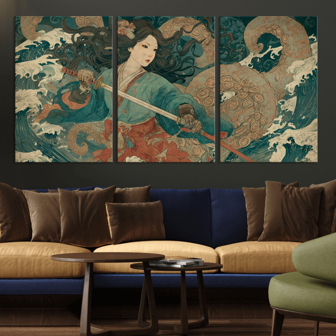 Tsukioka Yoshitoshi Samurai Wall Art Print, Japanese Katana Warrior Canvas Wall Art, Octopus Sea Monster Canvas Print,
