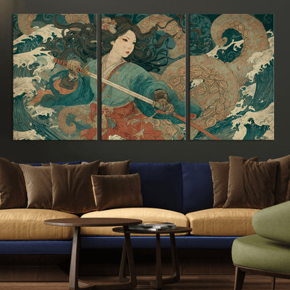 Tsukioka Yoshitoshi Samurai Wall Art Print, Japanese Katana Warrior Canvas Wall Art, Octopus Sea Monster Canvas Print,