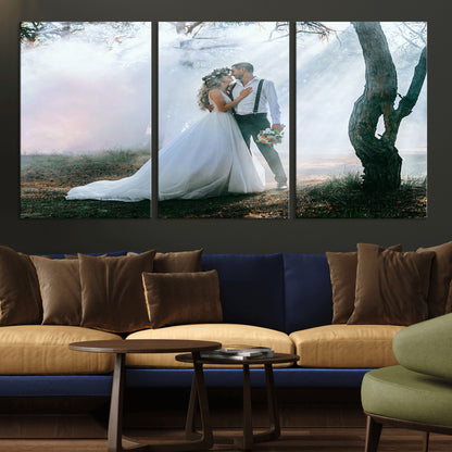 MGV-CV-60X30-3P - Forest Wedding Wall Art – Romantic Bride and Groom Canvas Print, Enchanted Woodland Photography Decor for Bedroom, Living Room, or Wedding Gift