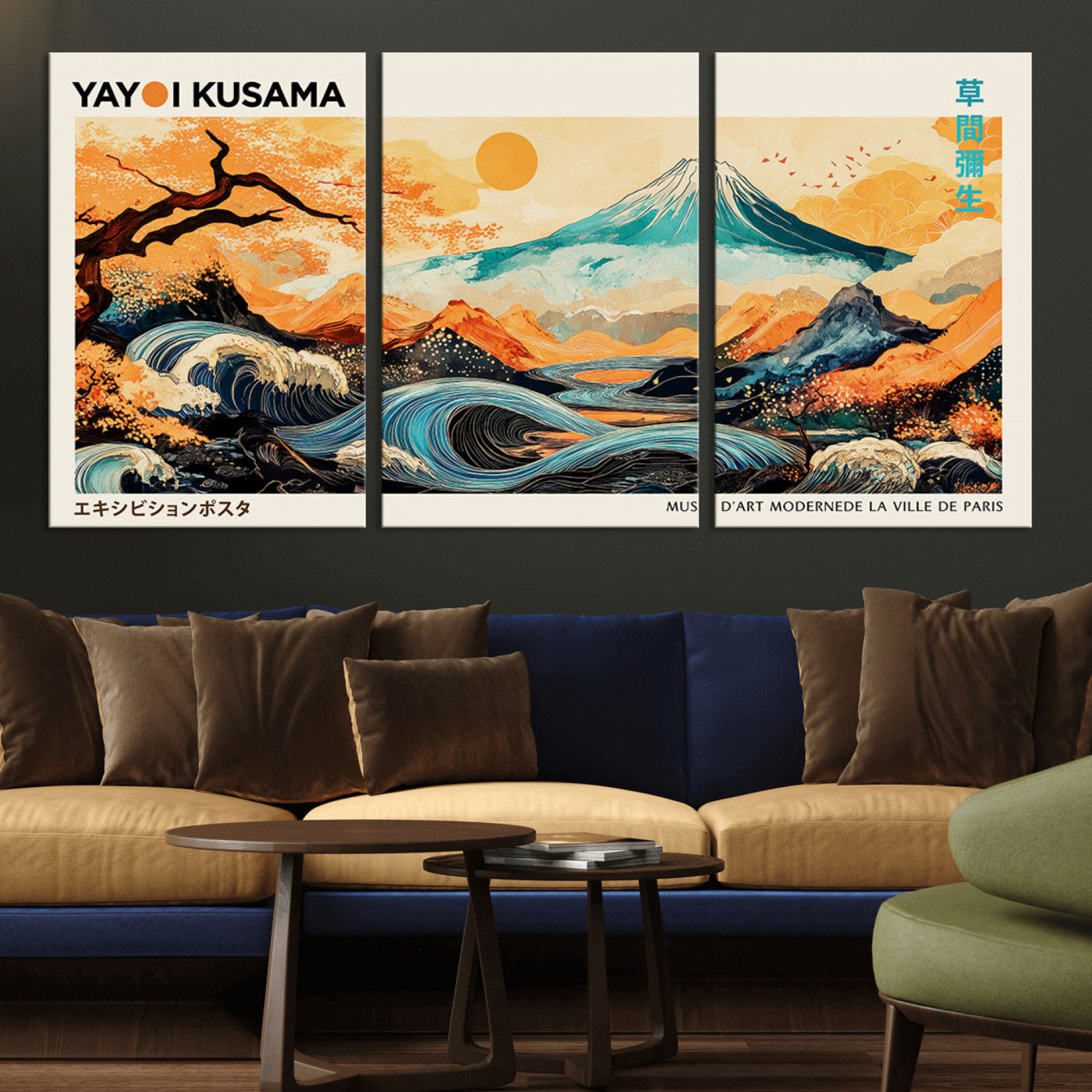 Modern Japanese-style art print featuring a stylized Mount Fuji, flowing waves, and vibrant landscapes in bold colors, inspired by traditional and contemporary aesthetics.