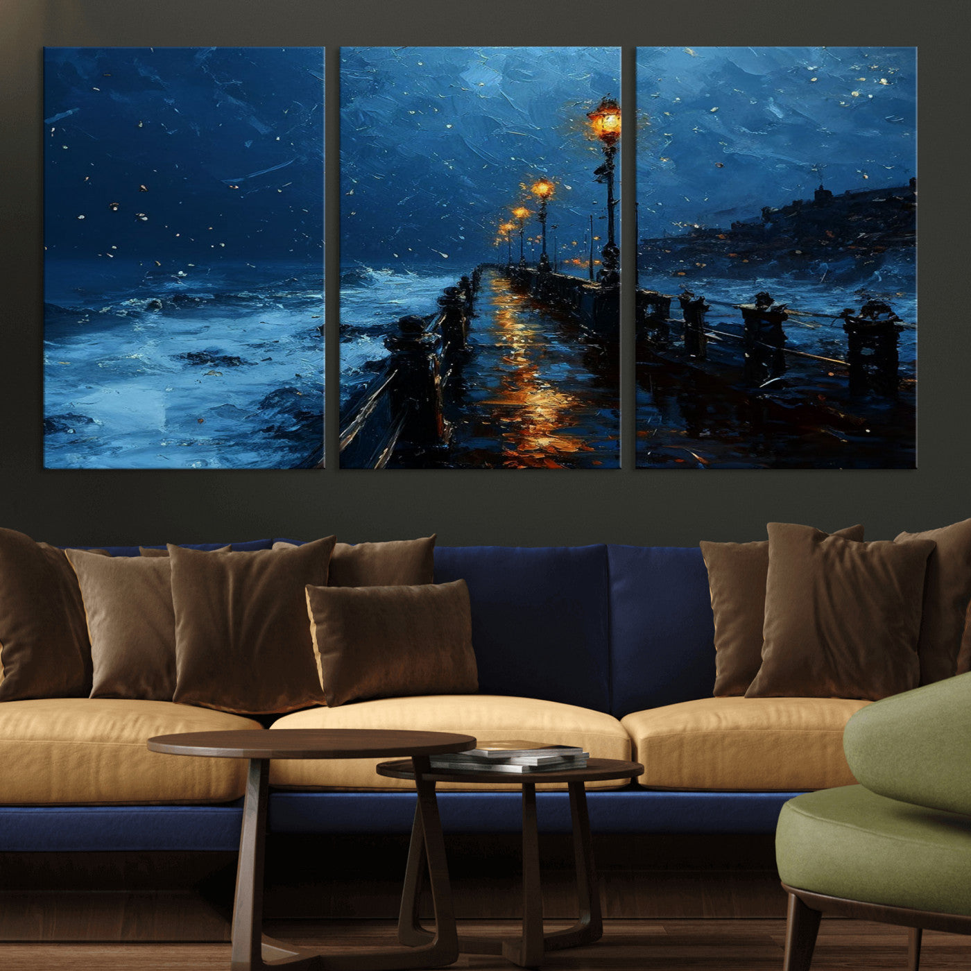 "Impressionistic painting of a rainy pier at night with glowing street lamps reflecting on the wet surface, ocean waves crashing under a dark blue sky."