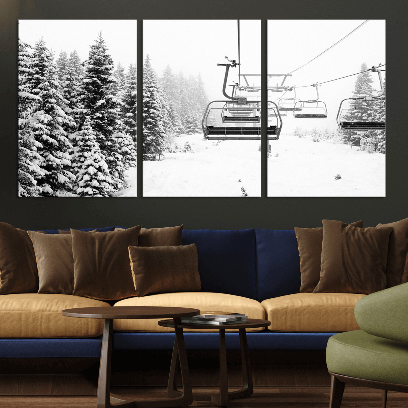 Black and white canvas of empty ski lifts over a snowy pine forest, perfect for minimal winter or ski lodge-inspired decor.