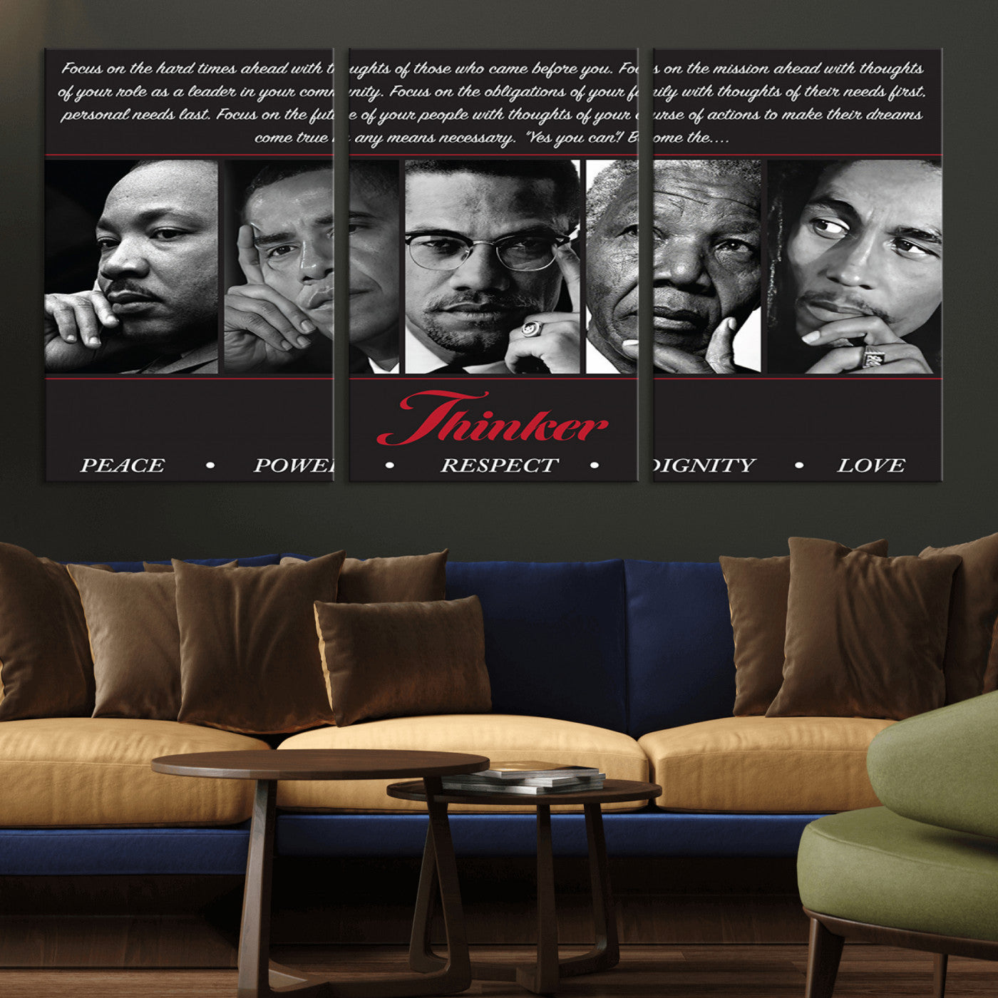 Monochrome canvas of iconic Black leaders with a powerful quote, perfect for modern spaces with a cultural or motivational theme.