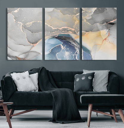 -Abstract Fluid Art Wall Decor – Blue, Gray & Gold Canvas Print, Modern Home and Office Wall Art Decor for Living Room, Bedroom or Workspace