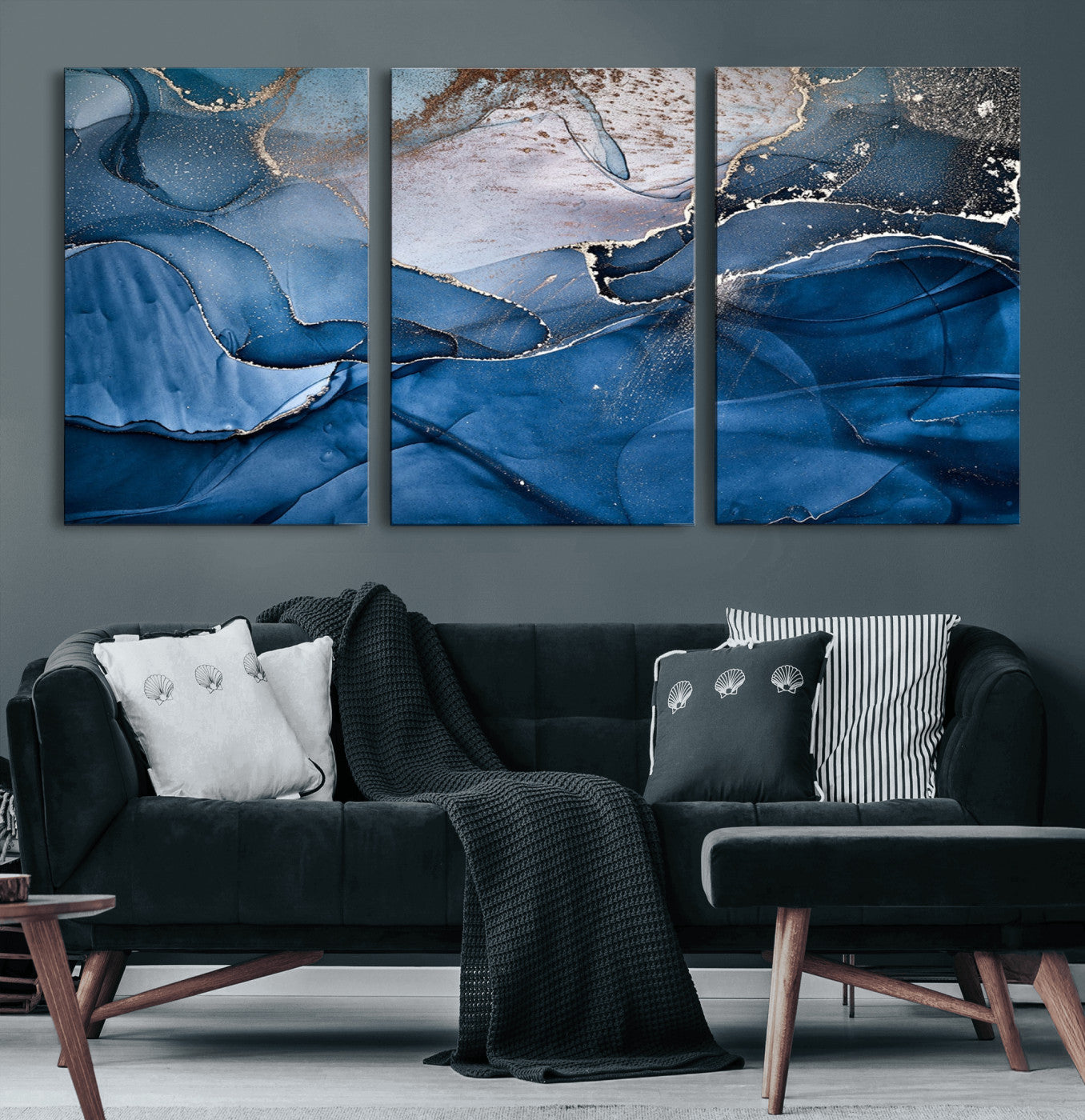 27810-MGV-CV-60X30-3P-Abstract Blue Gold Fluid Art Wall Decor – Modern Canvas Print, Elegant Home & Office Wall Art, Stylish Living Room or Bedroom Decoration