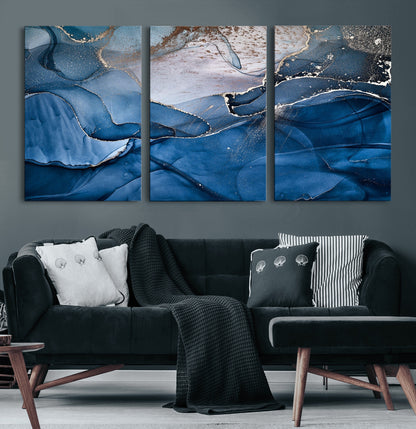 27810-MGV-CV-60X30-3P-Abstract Blue Gold Fluid Art Wall Decor – Modern Canvas Print, Elegant Home & Office Wall Art, Stylish Living Room or Bedroom Decoration