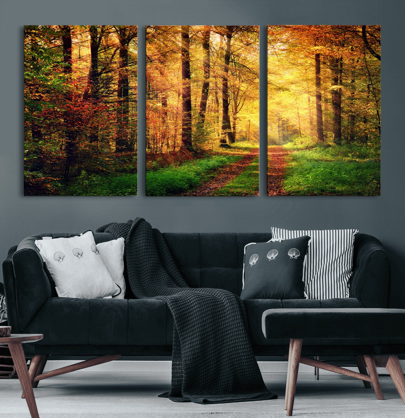 73494-MGV-CV-60X30-3P-Golden Autumn Forest Path Wall Art – Sunlit Woodland Canvas Print, Fall Nature Landscape Home Decor