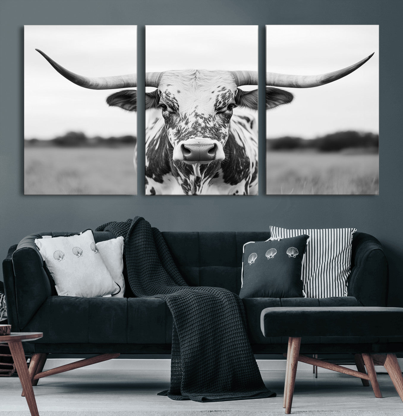 Capture the strength and elegance of nature with this striking black and white portrait of a longhorn cow. Its powerful presence makes a bold statement in any room.