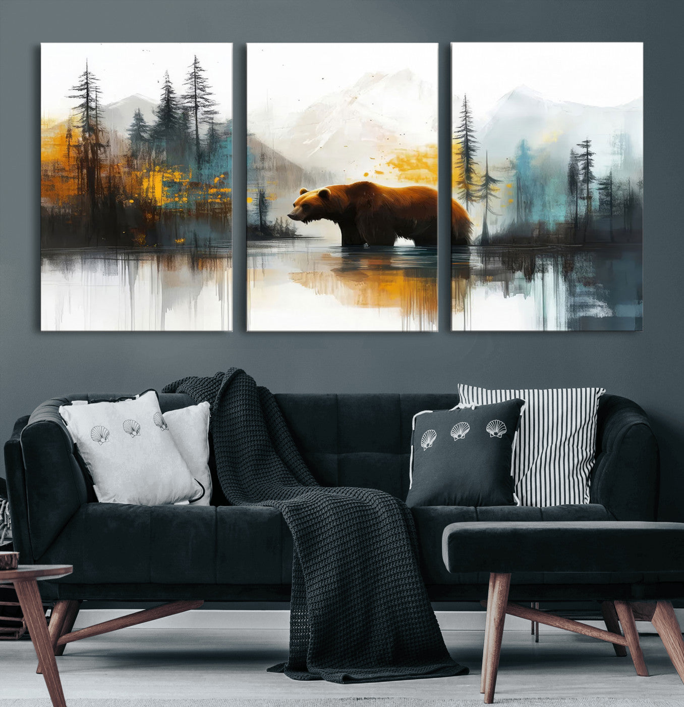 A majestic bear stands by the serene waters of a misty forest, surrounded by towering trees and distant mountains, evoking the raw beauty and wild spirit of nature.