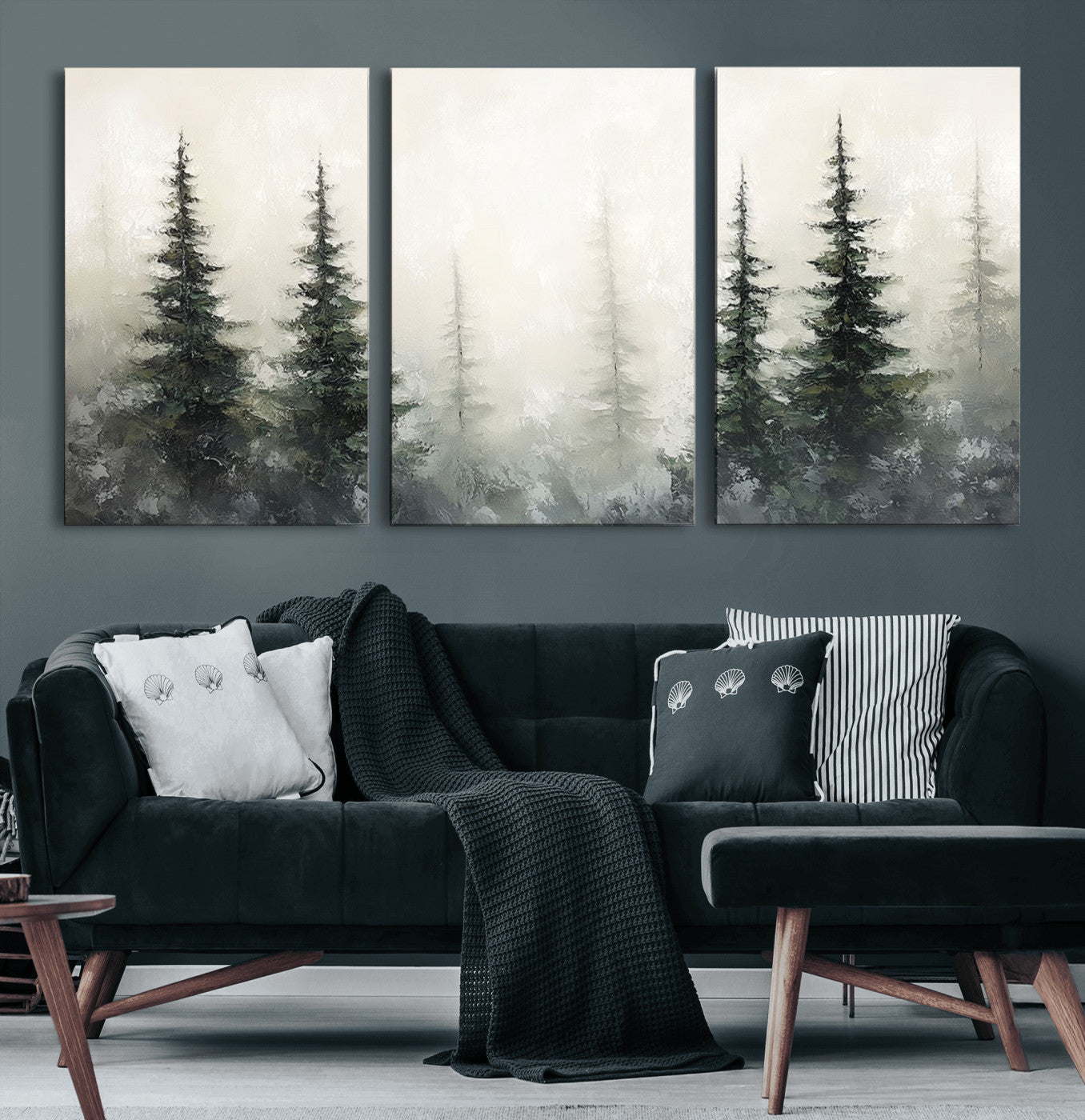 Soft and misty pine forest painting in neutral earthy tones, ideal for calm woodland or minimalist rustic home decor.