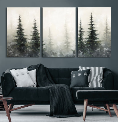 Soft and misty pine forest painting in neutral earthy tones, ideal for calm woodland or minimalist rustic home decor.