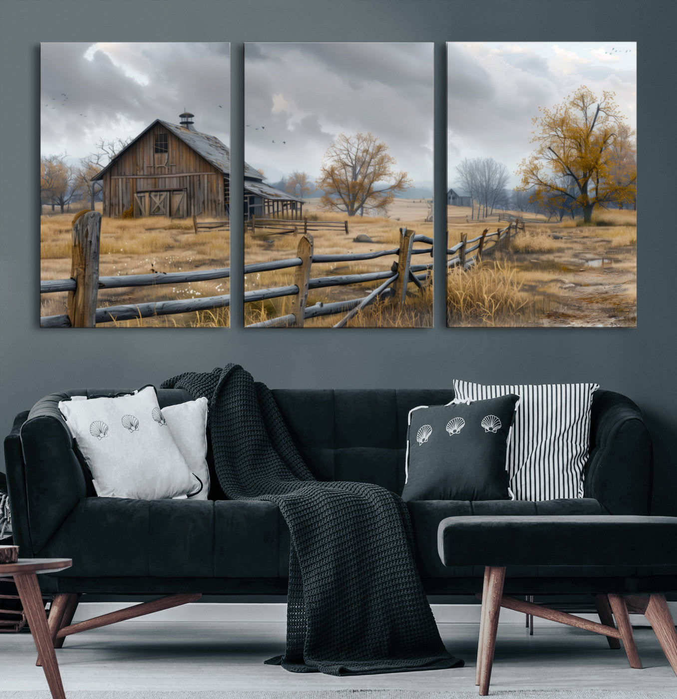 A tranquil rural scene featuring a rustic barn, overcast skies, and golden fields with scattered trees, evoking a sense of peaceful solitude in nature.