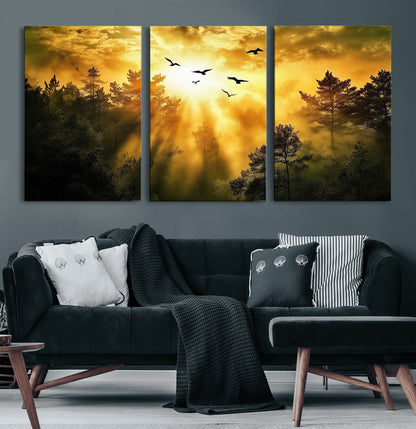 Canvas of a golden forest at sunset with birds flying through glowing sunbeams and silhouetted pine trees, ideal for warm-toned rustic decor.