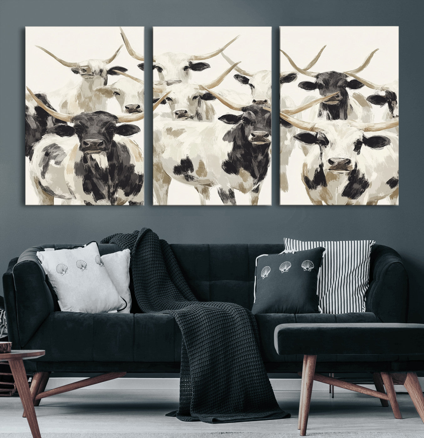 Canvas of a Texas Longhorn cattle herd in neutral black and white tones, ideal for rustic farmhouse or western-themed decor.