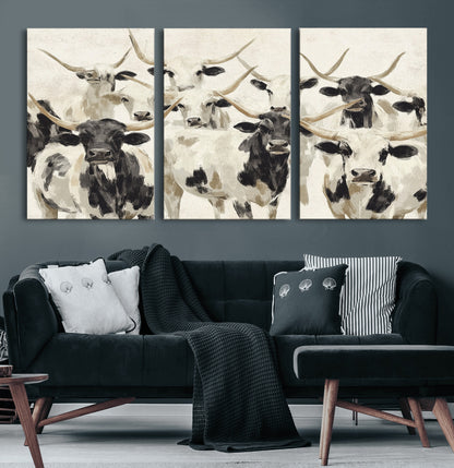 Canvas of a Texas Longhorn cattle herd in neutral black and white tones, ideal for rustic farmhouse or western-themed decor.